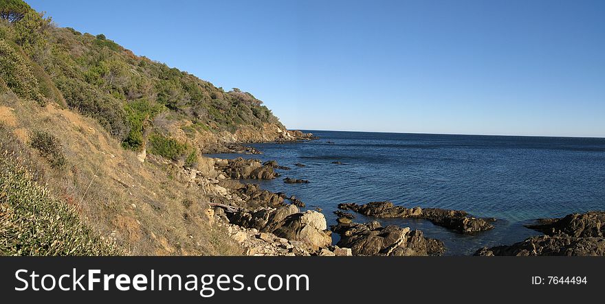 Panoramic photograph of the point of the pinet, peninsula of St-tropez, department of the VAr, France. Panoramic photograph of the point of the pinet, peninsula of St-tropez, department of the VAr, France
