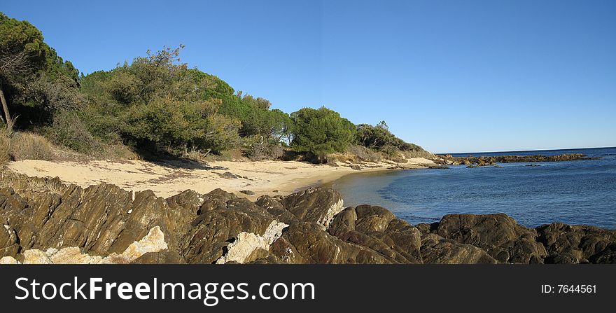 Panoramic photograph of the point of the pinet, peninsula of St-tropez, department of the VAr, France. Panoramic photograph of the point of the pinet, peninsula of St-tropez, department of the VAr, France