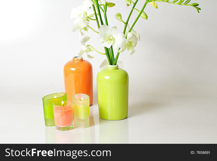 Decoration for a spa Center with flowers and candles