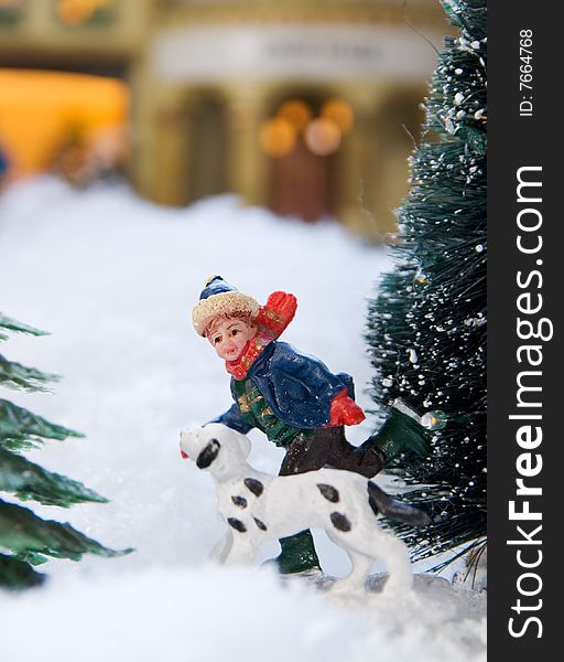 Boy and Dog Running in Winter