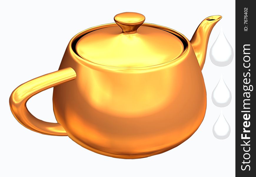 Golden milk pot with isolated milk drops. Golden milk pot with isolated milk drops