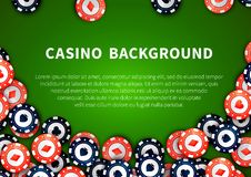 Red And Blue Casino Chips On Green Table, Background With Text Template Stock Photography
