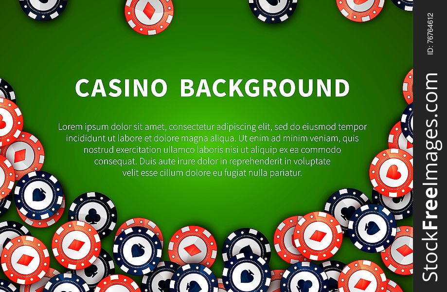 Red and blue casino chips with cards signs on green casino table, background with text template. Red and blue casino chips with cards signs on green casino table, background with text template