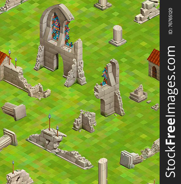 Medieval Buildings On Green Grass, Isometric Seamless Pattern