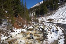 Red River, White Ice And Green Firs. Royalty Free Stock Image Red River, White Ice And Green Firs. Royalty Free Stock Image