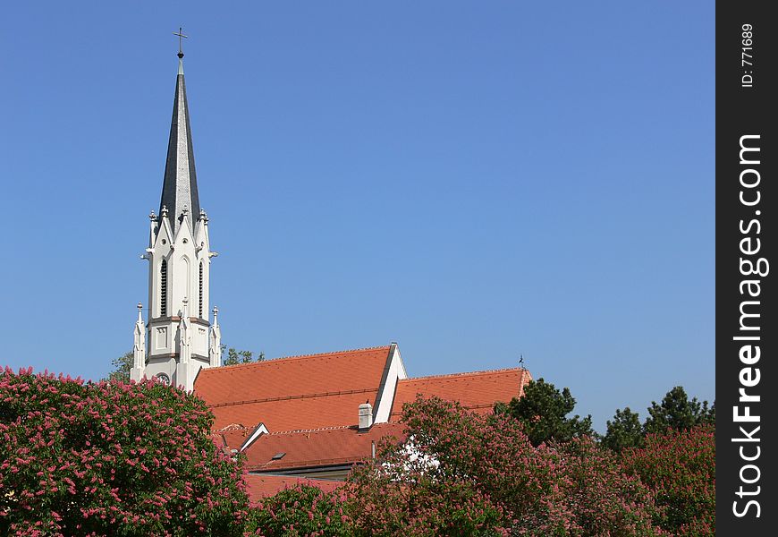 Church with a red roof with flowering red chestnut trees in front. Church with a red roof with flowering red chestnut trees in front