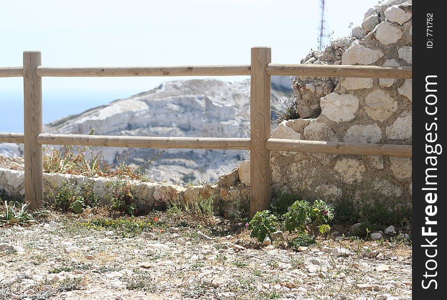 Wooden posts on the cliff top, iles du frioul, off marseille france