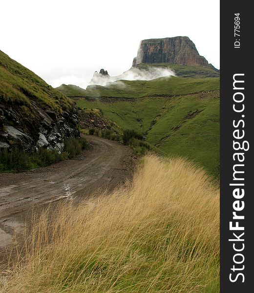 A mountain road leading to the top of the peak.