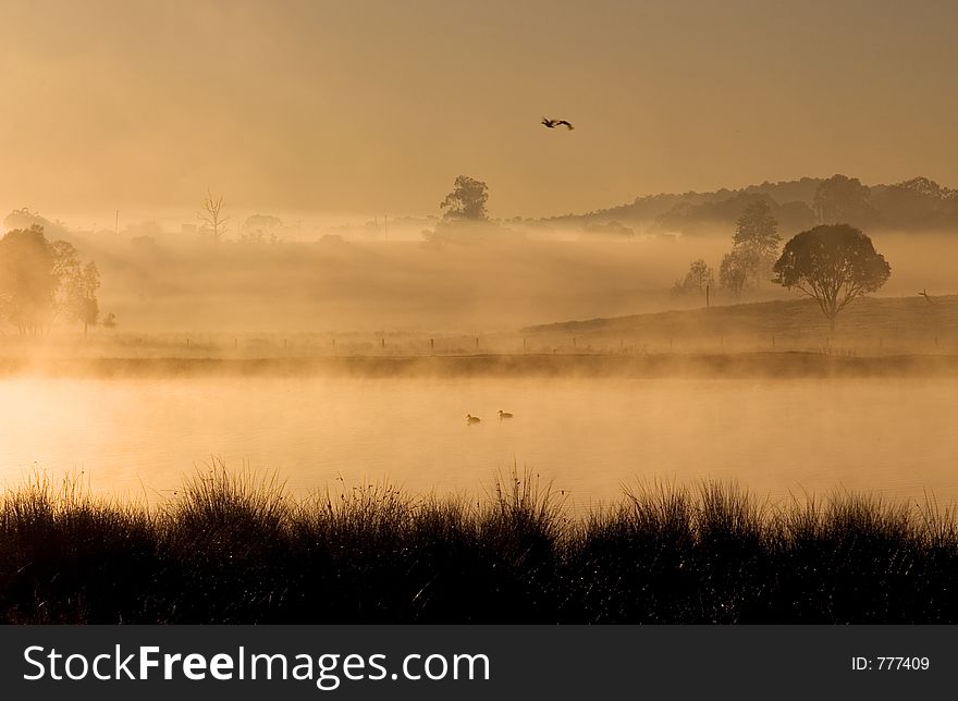 Sunrise over a misty Australian rural dam. Sunrise over a misty Australian rural dam