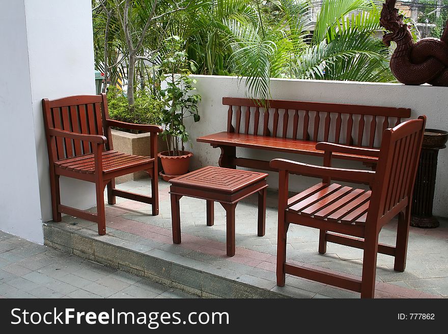 Waiting area, wth wooden funituer, traditional Thai