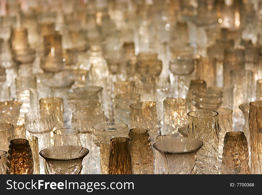 Many glass chandeliers in perspective. Many glass chandeliers in perspective