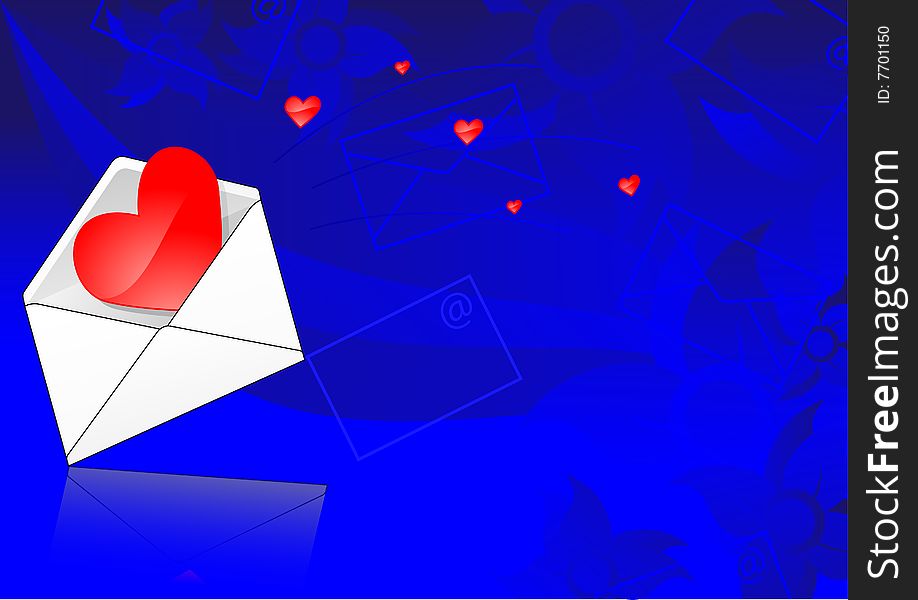 Envelope and heart on a blue background. Raster version. There is in addition a vector format (EPS 8).