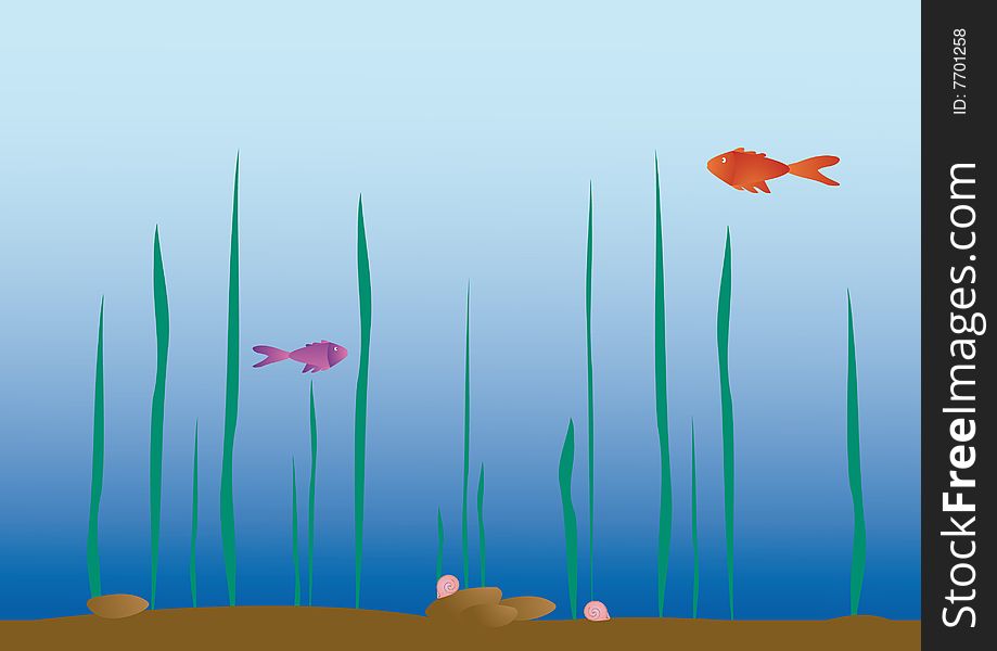 Illustration with two little fishes in the aquarium