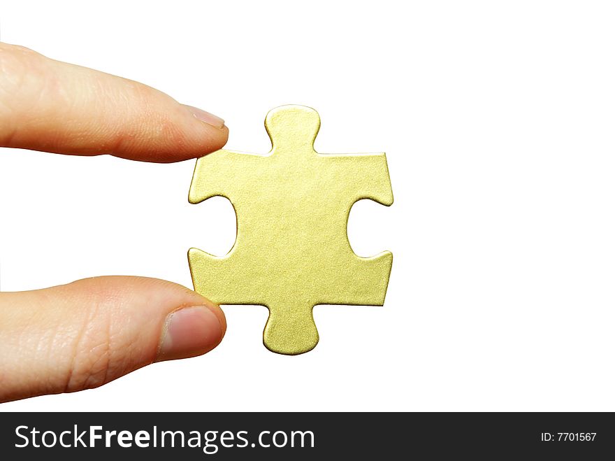 Puzzle in hand isolated on white background