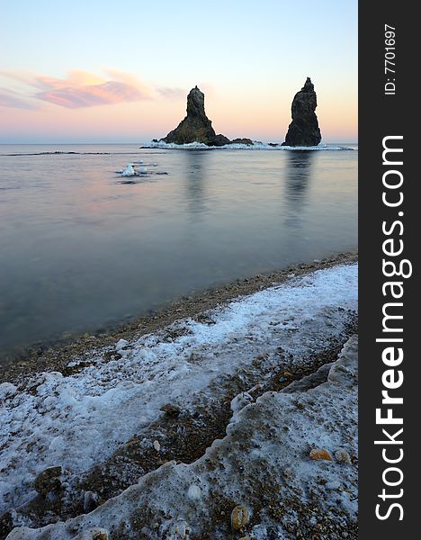 Winter sea landscape. Rocks  Two brothers . The Far East. Russia.