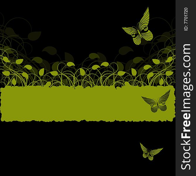 Background with green  plant with swirls and butterflies