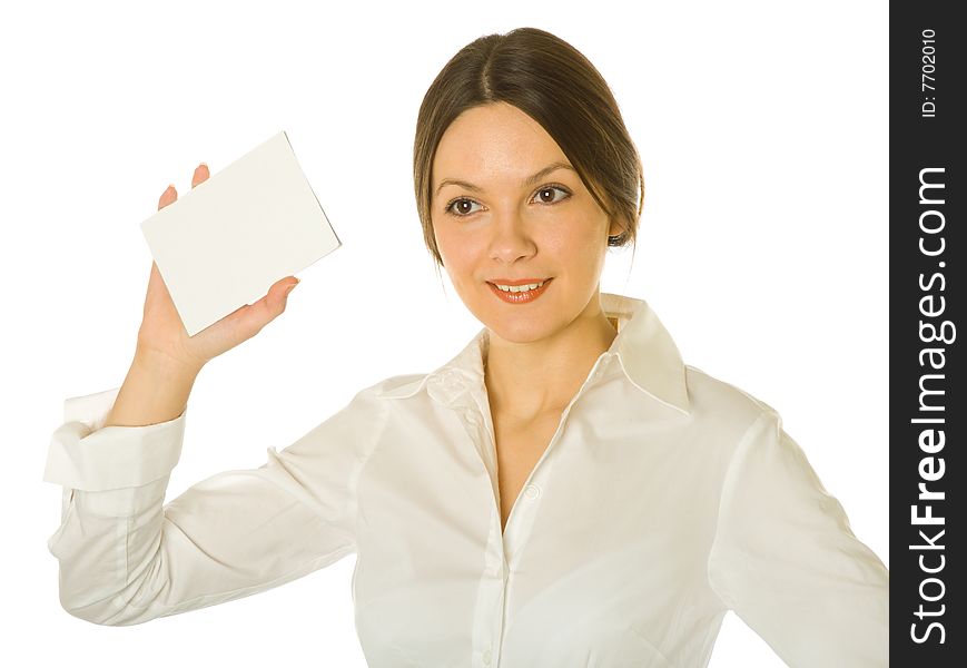 Woman with card for text.  Isolated on white background