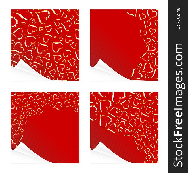 Vector illustration of four red lovely Valentine square cards with peeling effect. Full of glossy golden heart shapes. Vector illustration of four red lovely Valentine square cards with peeling effect. Full of glossy golden heart shapes.