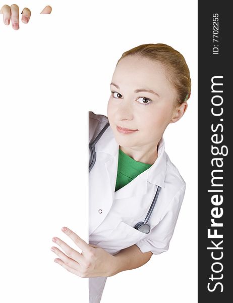 young female doctor with stethoscope and empty board. young female doctor with stethoscope and empty board