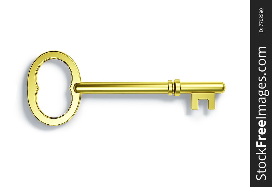 A shiny golden key with isolated white backgroud