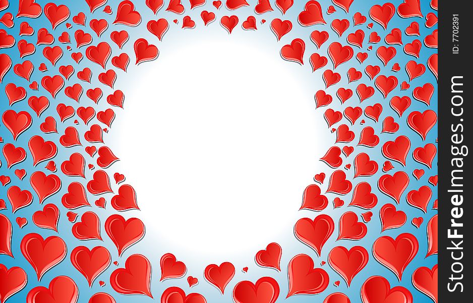 Vector illustration of a lovely Valentine background with central blue glow for custom elements surrounded by hundreds of funky glossy hearts. Vector illustration of a lovely Valentine background with central blue glow for custom elements surrounded by hundreds of funky glossy hearts.