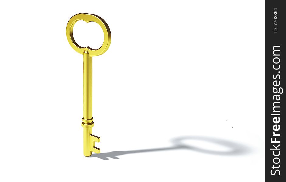 A shiny golden key with isolated white backgroud