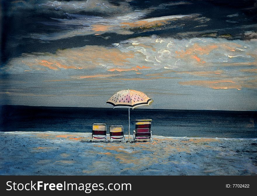Hand-painted photograph of watermelon umbrella and three beach chairs. Hand-painted photograph of watermelon umbrella and three beach chairs