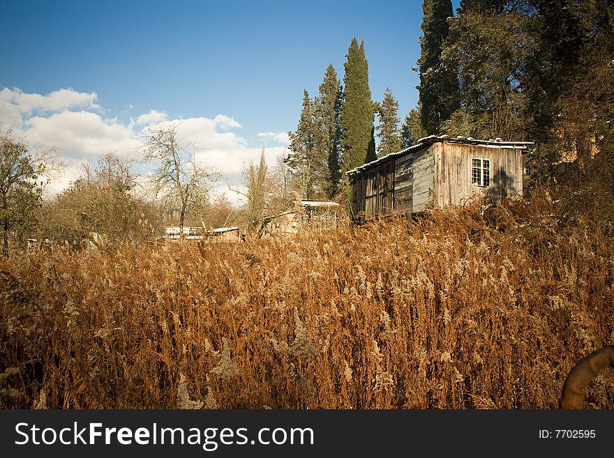 The hut over the grass meadow landscape photo