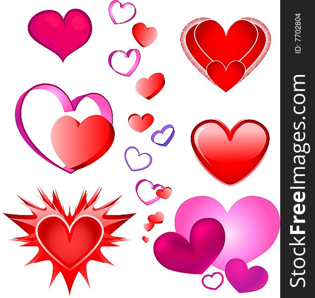 Illustrated collection of valentine heart designs. Illustrated collection of valentine heart designs