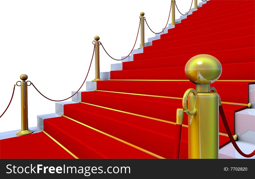 3D rendered illustration of a marble staircase with red carpet and golden posts. 3D rendered illustration of a marble staircase with red carpet and golden posts
