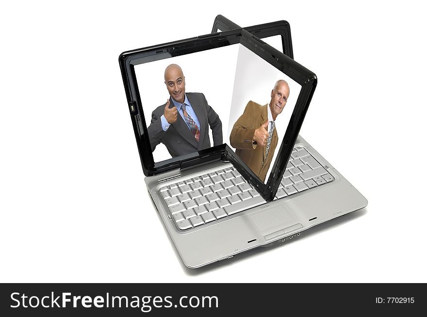 Notebook with businessman isolated against a white background