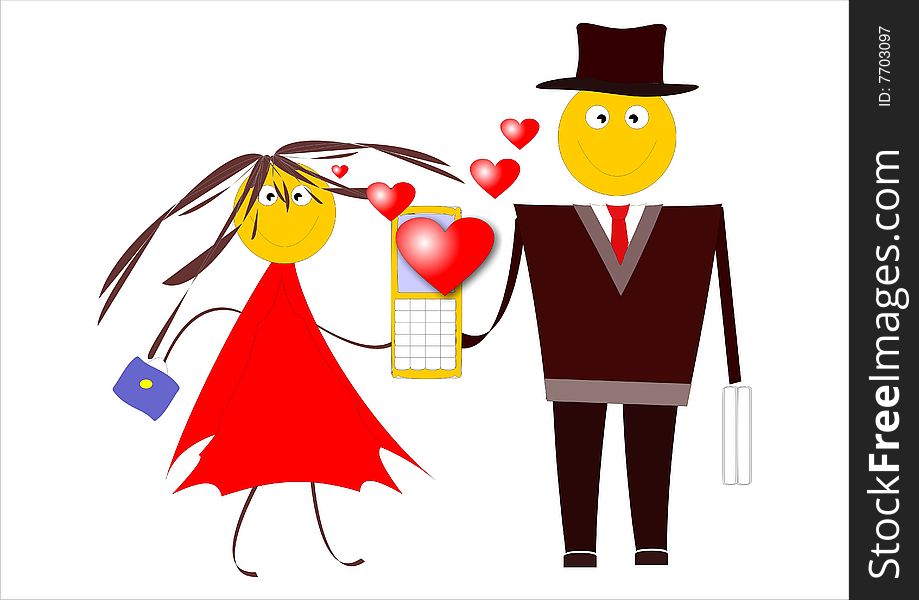 Man and woman with a mobile telephone. Cartoon image. Man and woman with a mobile telephone. Cartoon image.
