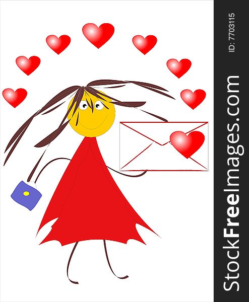 Merry girl with an envelope in a hand.  Funny picture. Cartoon image. Merry girl with an envelope in a hand.  Funny picture. Cartoon image.