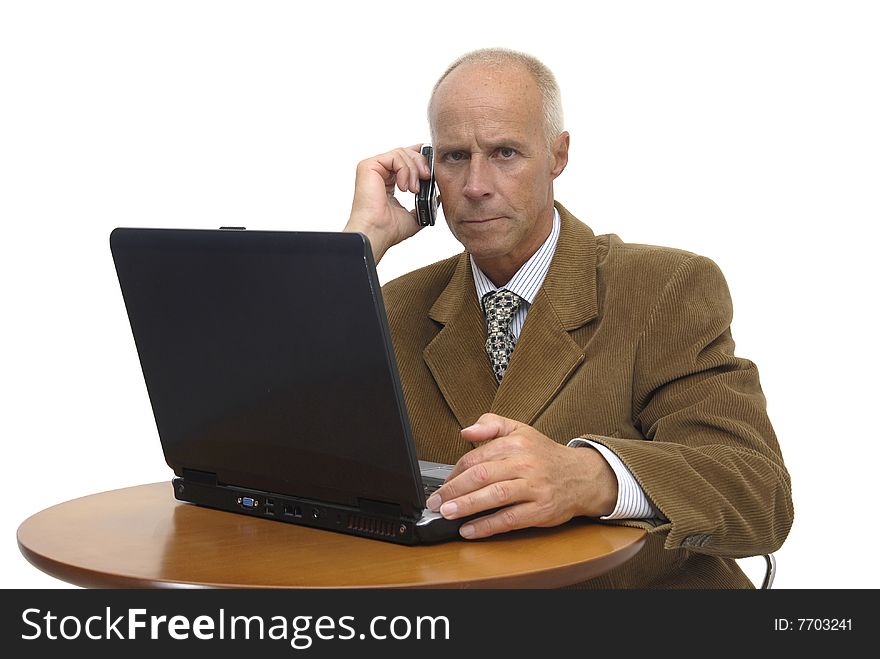 Businessman  with a laptop isolated against a white  background. Businessman  with a laptop isolated against a white  background