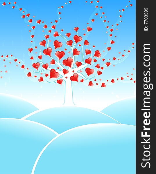 Vector illustration of a winter meadow with a lovely tree full of shiny hearts flowing to the sky. Vector illustration of a winter meadow with a lovely tree full of shiny hearts flowing to the sky.