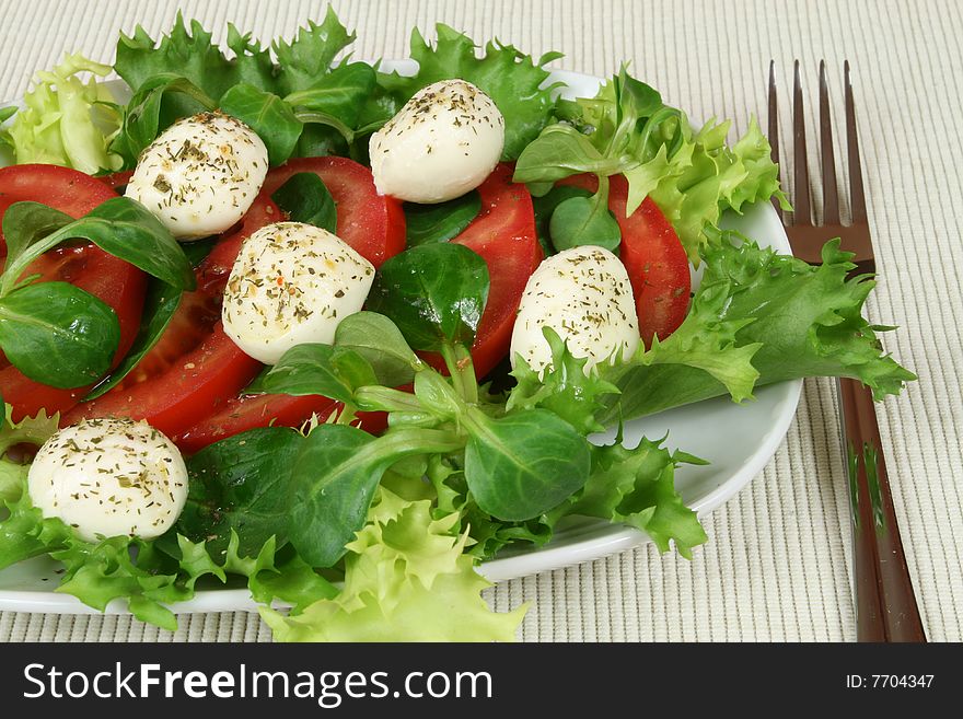 Healthy and colorful vegetable salad. Tomato, rocket plant (arugula) and mozzarella with herbs. Healthy and colorful vegetable salad. Tomato, rocket plant (arugula) and mozzarella with herbs.