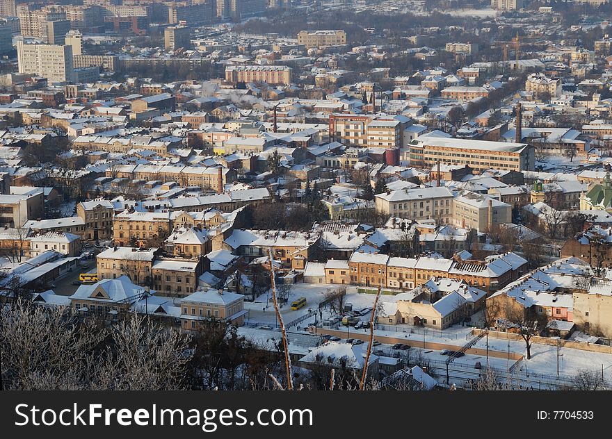 Kind on a winter city Lvov from a height. Kind on a winter city Lvov from a height