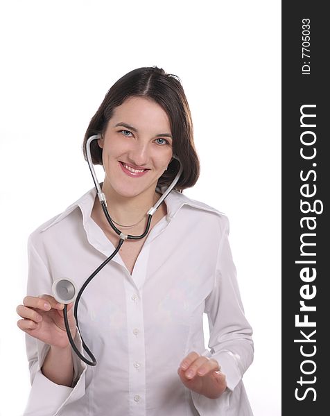 Young doctor with stethoscope in whigt background