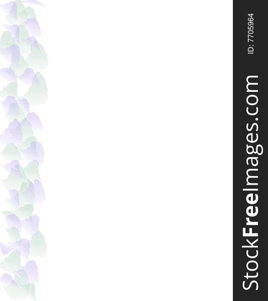 Green and purple leaves strewn on left side border of a white background. Green and purple leaves strewn on left side border of a white background