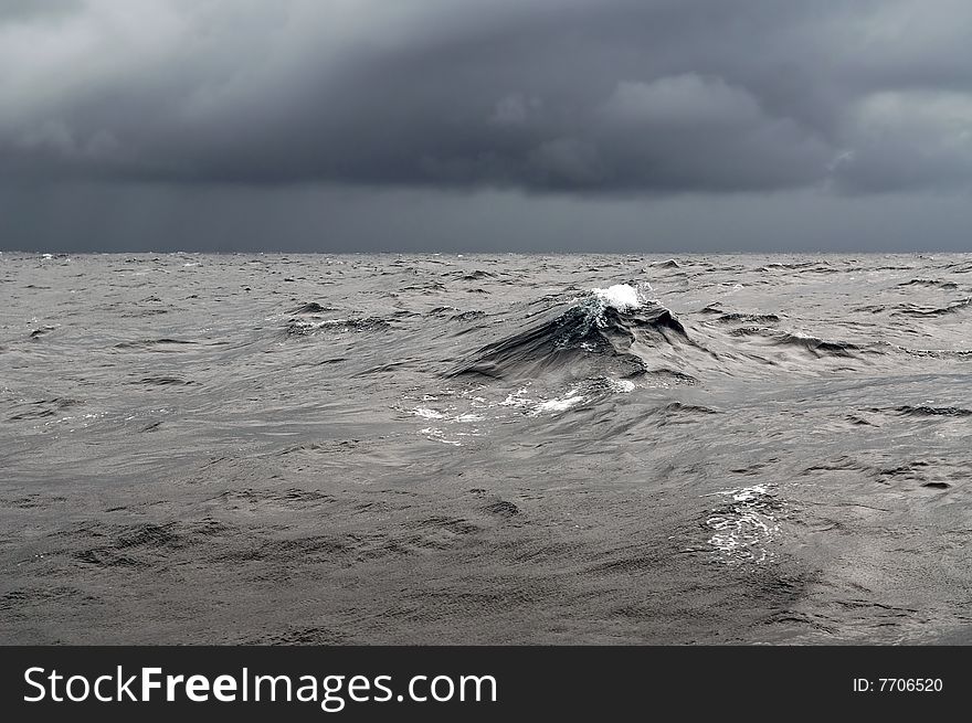 Storm weather at ocean, clouds and waves