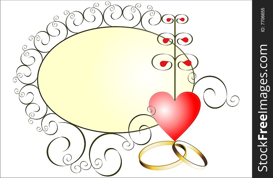 Red heart and two gold rings on a background of pale yellow vignette. Red heart and two gold rings on a background of pale yellow vignette.