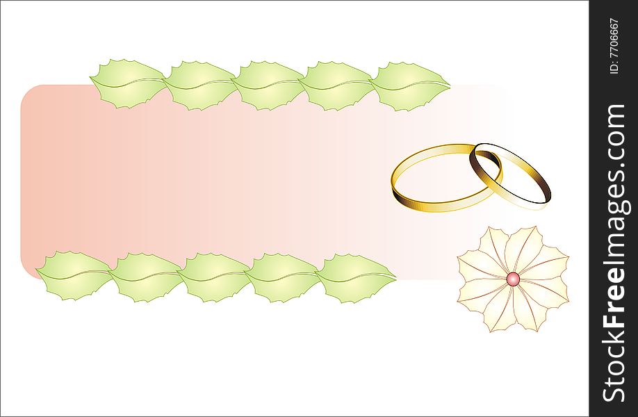 Two gold rings, ten green leaves and white flower on a pink banner. Two gold rings, ten green leaves and white flower on a pink banner.