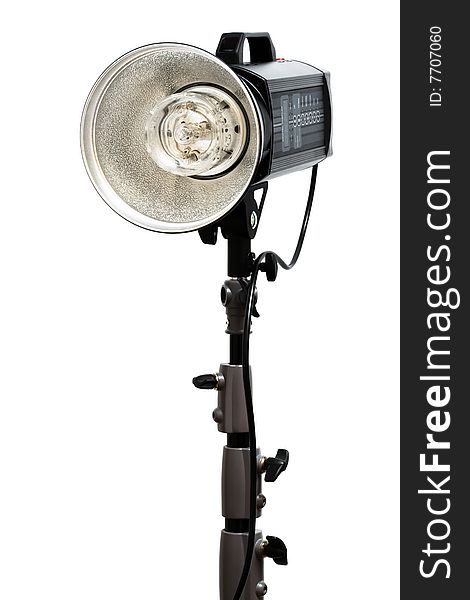 Modern powerful photographic flash on a white background