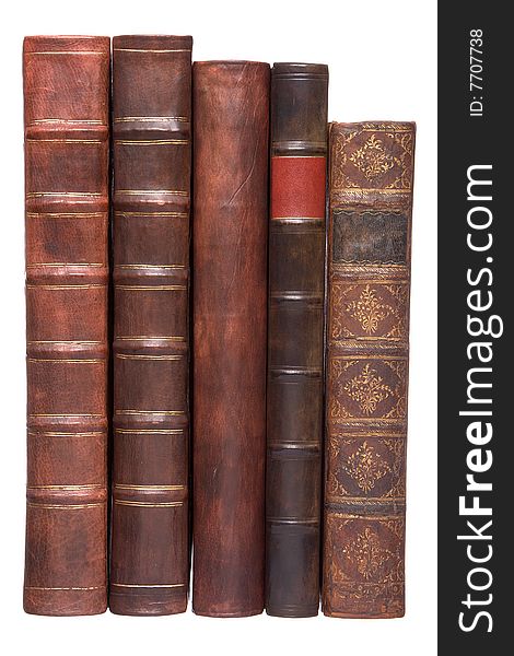 Old leather bound books isolated on a white background