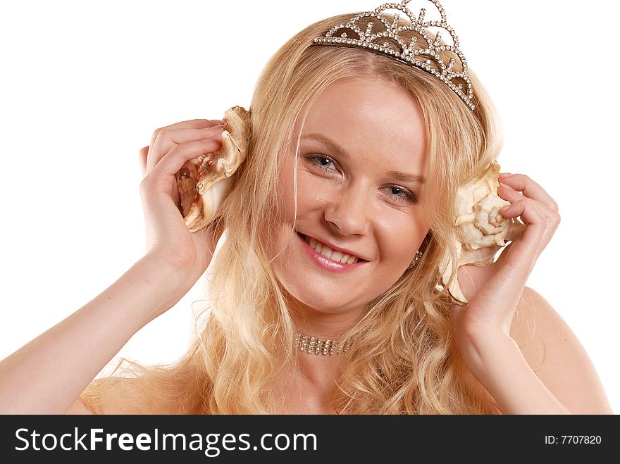 The beautiful girl with a crown and cockleshells. The beautiful girl with a crown and cockleshells