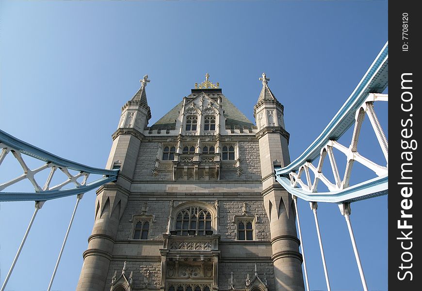 One of the towers of the Tower Bridge. London. The United Kingdom of Great Britain.