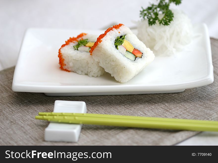 Prepared and delicious japanese sushi taken in studio. Prepared and delicious japanese sushi taken in studio