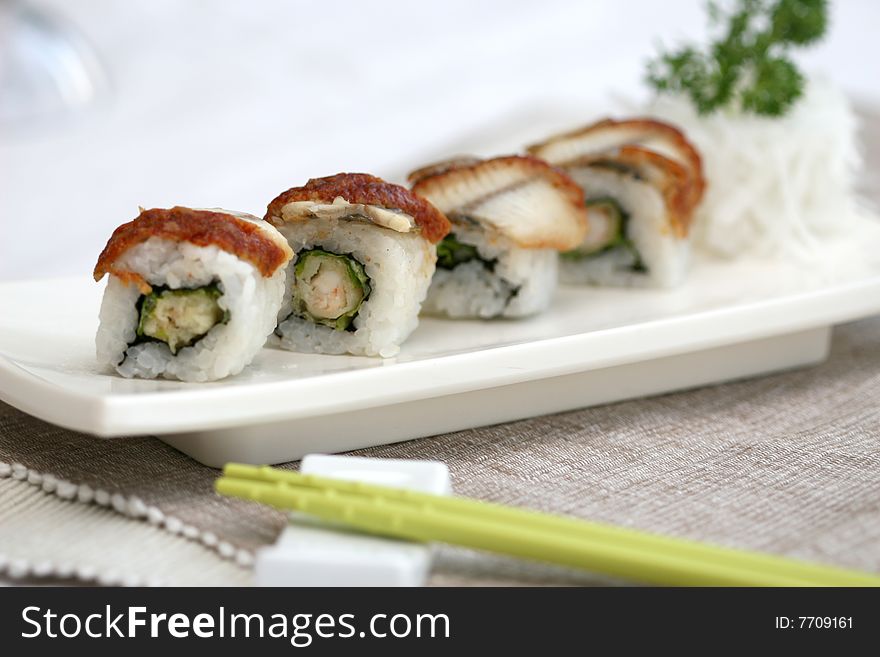 Prepared and delicious japanese sushi taken in studio. Prepared and delicious japanese sushi taken in studio