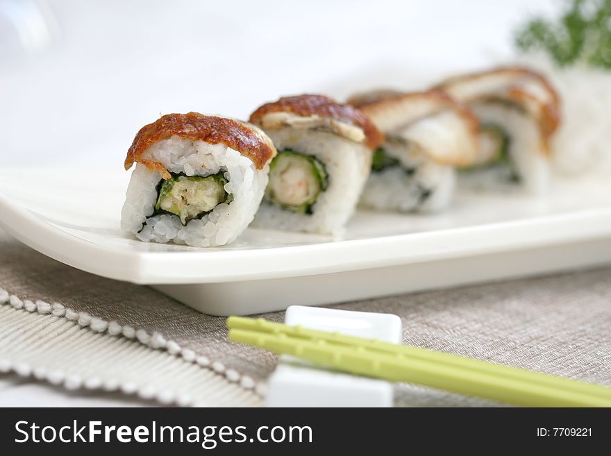 Prepared and delicious japanese sushi taken in studio. Prepared and delicious japanese sushi taken in studio