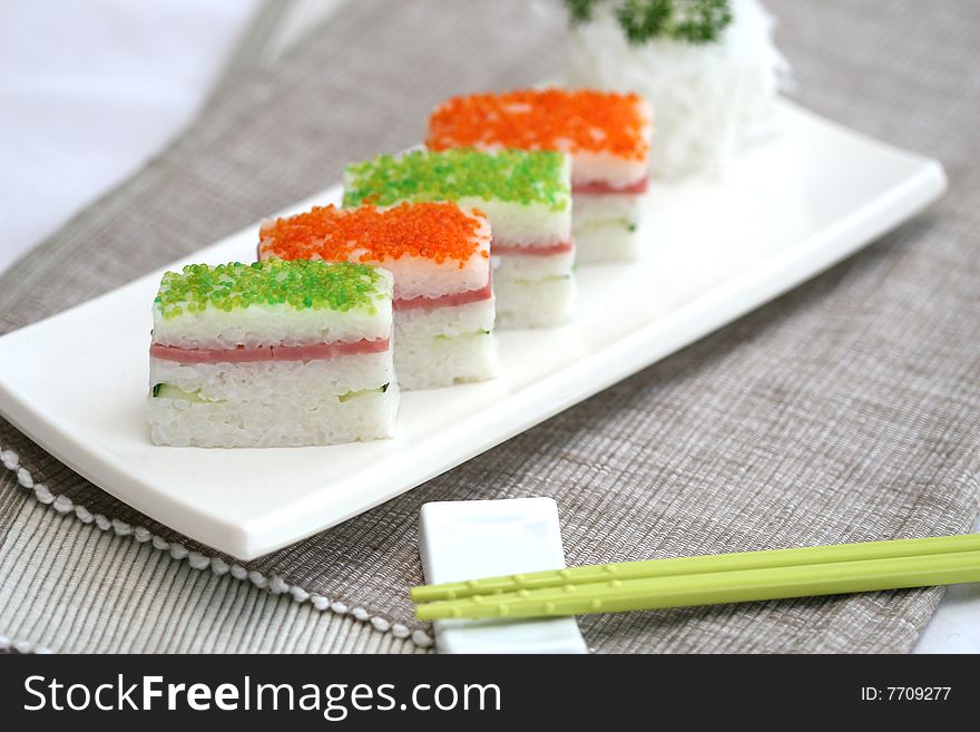 Prepared and delicious sushi taken in studio